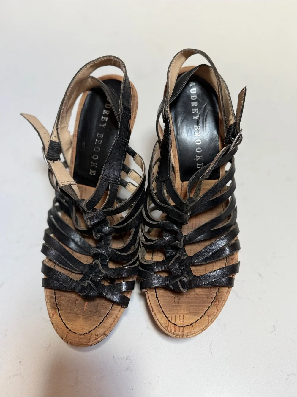 Audrey Brooke Black Strappy Cork Wedge Sandals with Knot Detail